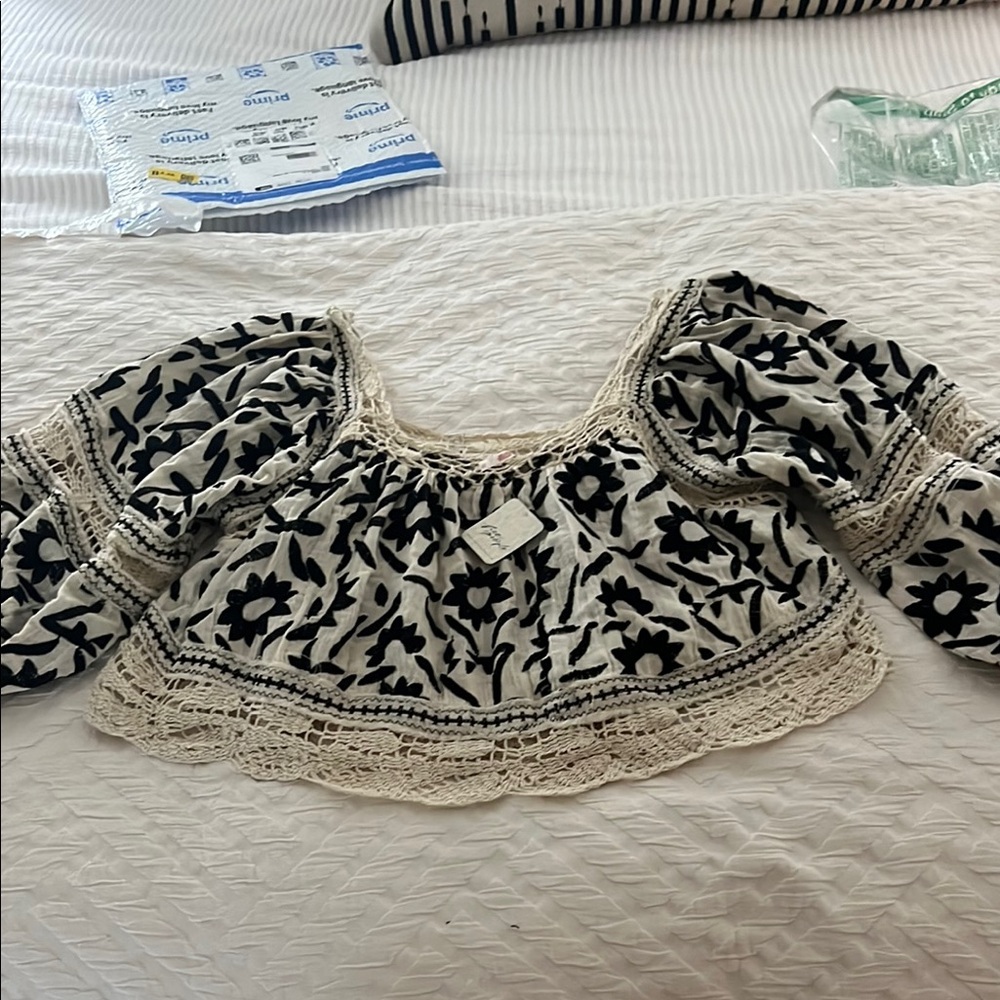 Free People Black and White Embellished Crop Blouse